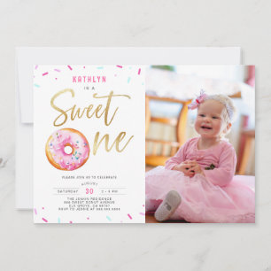 Sweet One Pink Gold Donut Girl 1. Geburtstag Foto Einladung