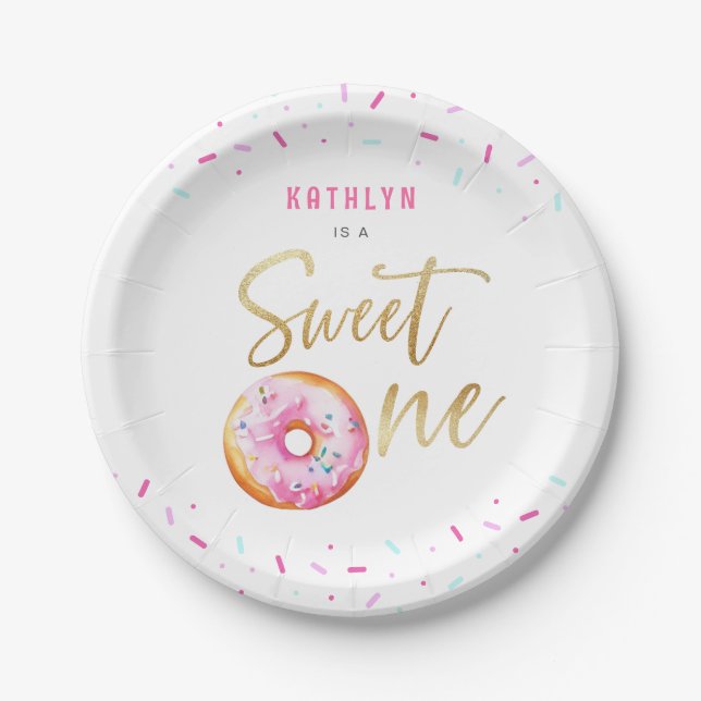 Sweet One Pink Gold Donut Sprinkles Girl Birthday Pappteller (Vorderseite)