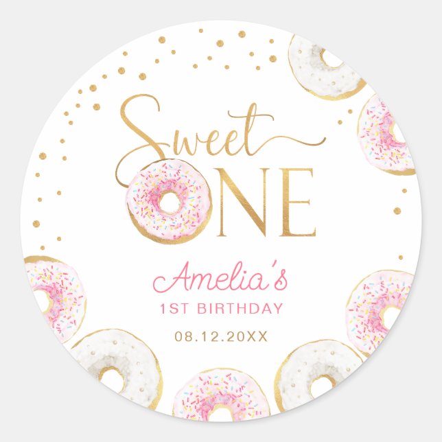 Sweet One Pink Gold Donuts Geburtstag Runder Aufkleber (Vorderseite)