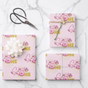 Sweet One Pink Imitate Gold Glitzer Desserts Süßig Geschenkpapier Set