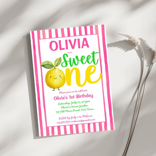 Sweet one pink lemonade Geburtstagsparty Einladung (Sweet one pink lemonade cute summer girls birthday party invitation template instant download)
