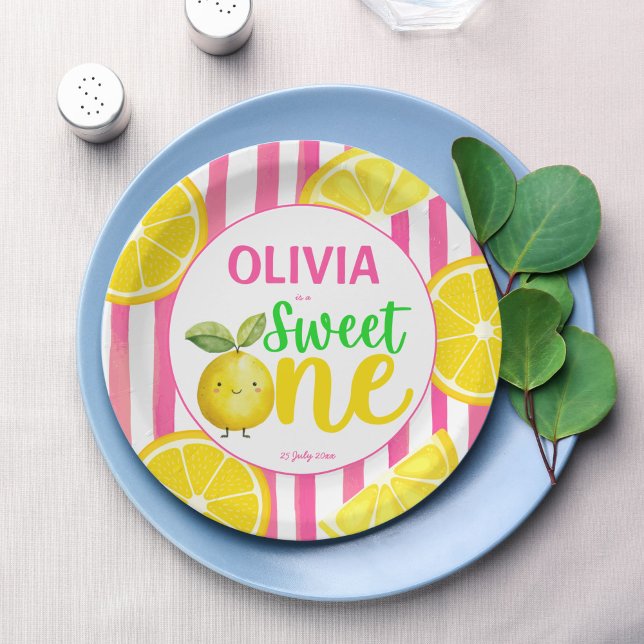 Sweet one pink lemonade Geburtstagsparty Pappteller (Sweet one pink lemonade summer lemon girls birthday party personalized printed paper plates decor)