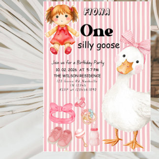 Sweet ONE Silly Goose Baby Girl 1st Birthday Party Einladung