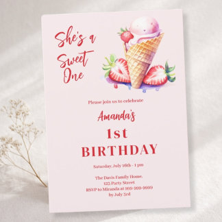 Sweet One Strawberry Eis 1. Geburtstag Einladung