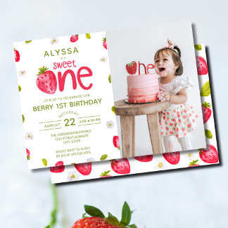 Sweet ONE Strawberry Foto Berry Erster Geburtstag Einladung