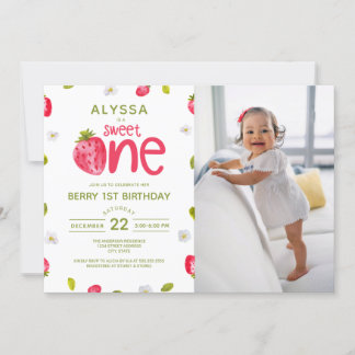 Sweet ONE Strawberry Foto zum ersten Geburtstag Einladung
