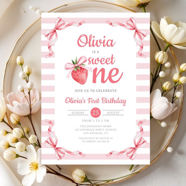 Sweet One Strawberry Girl 1. Geburtstag Einladung (Sweet One Strawberry Girl 1st Birthday Invitation)