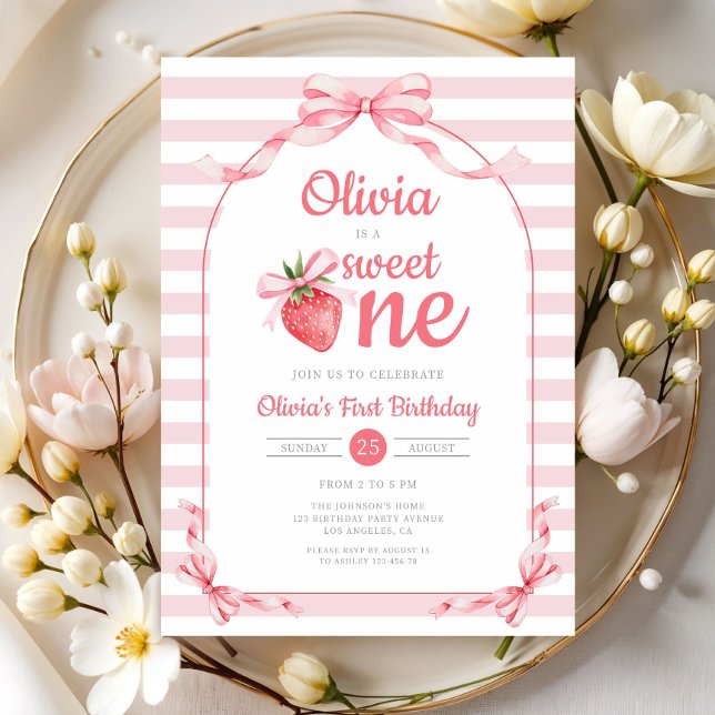 Sweet One Strawberry Girl 1st Birthday Einladung (Sweet One Strawberry Girl 1st Birthday Invitation)