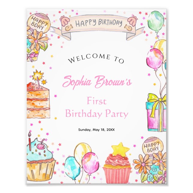 Sweet One Watercolor 1st Birthday Party Sign Fotodruck (Vorne)