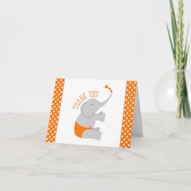 Sweet Orange Gray Elephant Baby Dusche Vielen Dank Dankeskarte (Vorderseite)