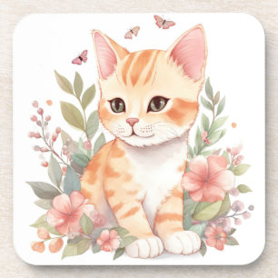 Sweet Orange Tabby Kitten mit Blume Wasserfarbe Getränkeuntersetzer