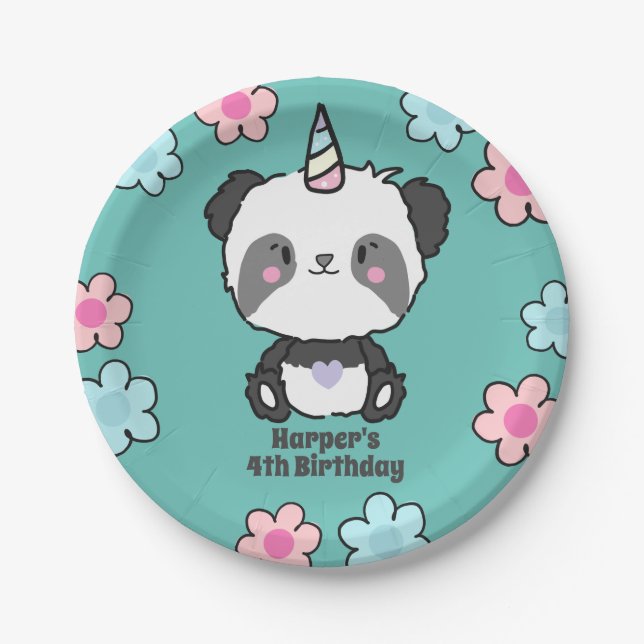 Sweet Panda Unicorn Girly Floral Personalisiert Pa Pappteller (Vorderseite)