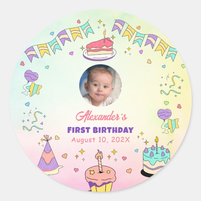 Sweet Pastel Baby Boy 1st Birthday Photo Runder Aufkleber (Vorderseite)