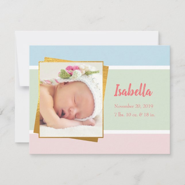 Sweet Pastel Baby Girl Foto Birth Record Stat Mitteilungskarte (Vorderseite)