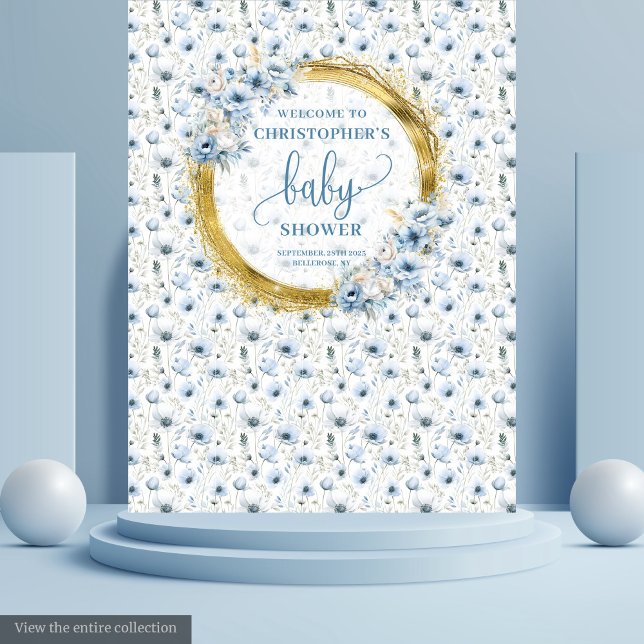 Sweet Pastel Blue Gold Blume Kinderduschbanner Wandteppich (Sweet Pastel Blue Gold Flowers Baby Shower Banner Tapestry)