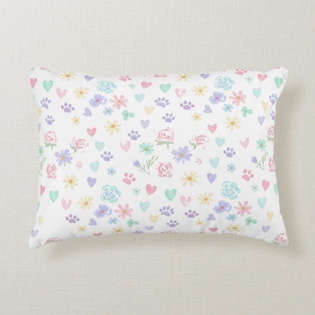Sweet Pastel Floral Hearts and Paw Print Pattern  Dekokissen (Vorderseite)
