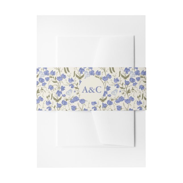 Sweet Pea Blue und Cream Floral Wedding Einladungsbanderole (Vorderseite Beispiel)