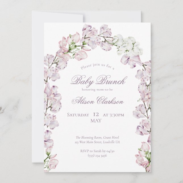 Sweet Pea Blume Baby Brunch eleganter Lavendel Einladung (Vorderseite)