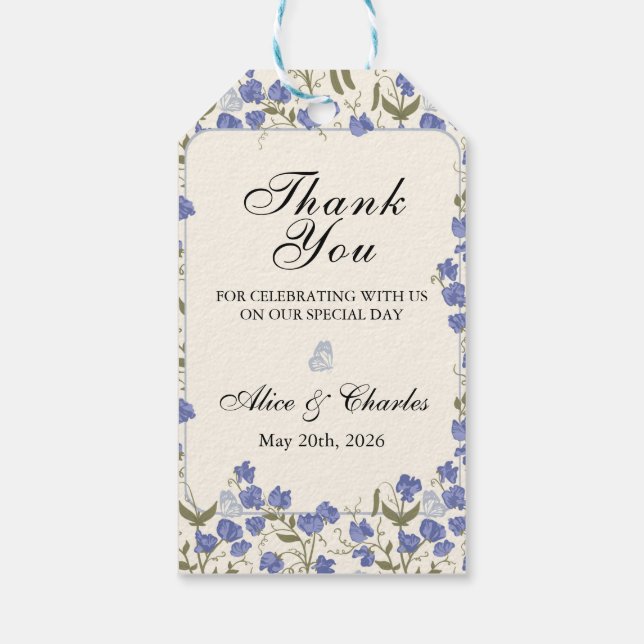 Sweet Pea Floral Blue und Cream Gastgeschenk Hochz Geschenkanhänger (Rückseite)