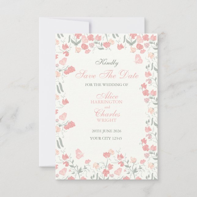 Sweet Pea Floral Pink und Creme Save The Date (Vorderseite)
