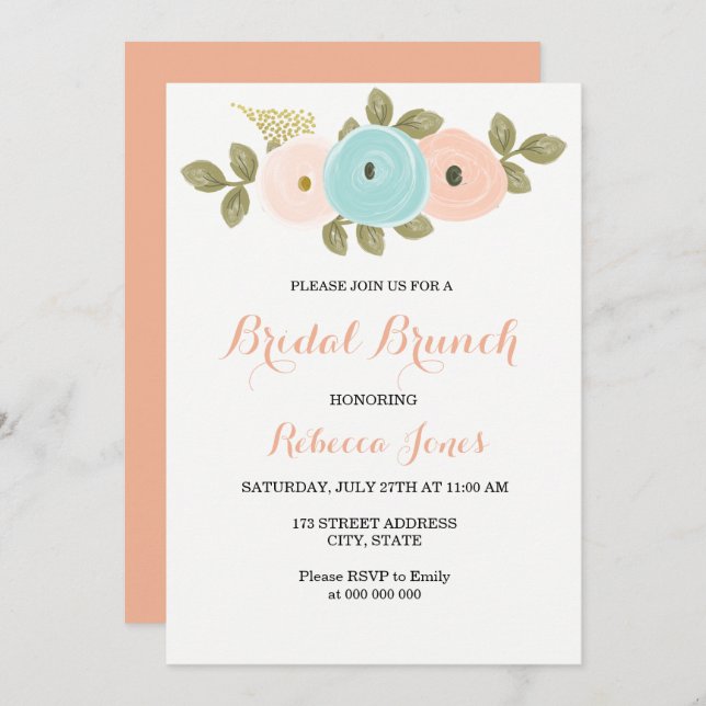 Sweet Peach Aquamarin Floral Bridal Brunch Einladu Einladung (Vorne/Hinten)