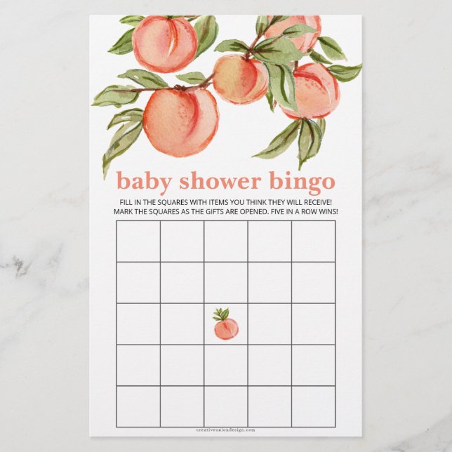 Sweet Peach Baby Dusche Bingo Spiel (Vorderseite)