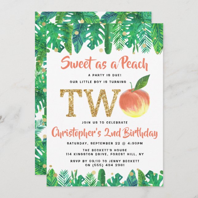 Sweet Peach Boys 2. Geburtstag Einladung (Vorne/Hinten)