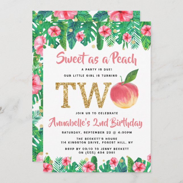 Sweet Peach Girls 2. Geburtstag Einladung (Vorne/Hinten)