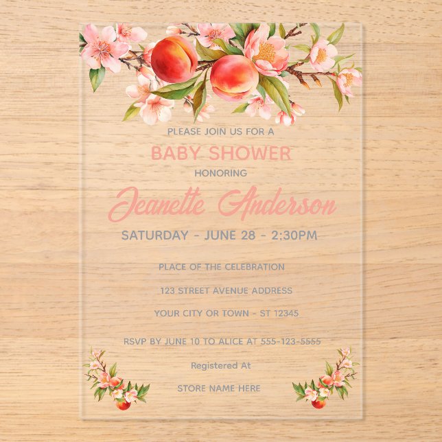 Sweet Peach Orchard Baby Shower Acryleinladungen (Vorderseite)