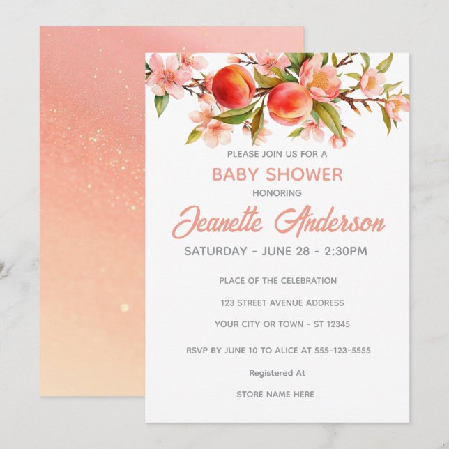 Sweet Peach Orchard Baby Shower Einladung (Vorne/Hinten)