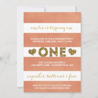 Sweet Peach Stripes Erste Geburtstagsparty Einladung