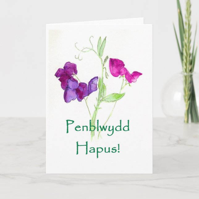 Sweet Peas Birthday Card - Welsh Greeting Karte (Vorderseite)