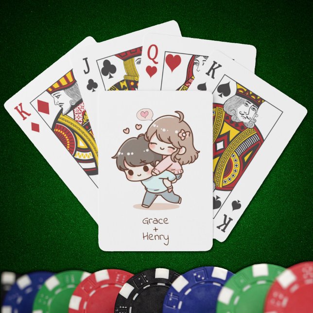 Sweet Personalisierter Chibi-Style Spielerisches P Spielkarten (Sweet Personalized Chibi-Style Playful Couple Playing Cards)