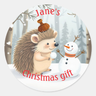 Sweet personlized hedgehog and snowman runder aufkleber