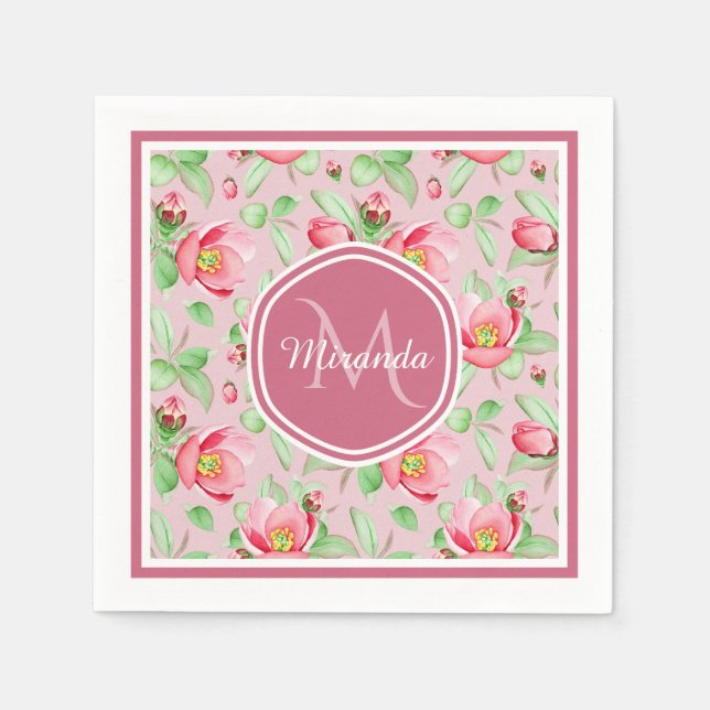 Sweet Pink Apfelblüte mit Monogramm Serviette (Vorderseite)