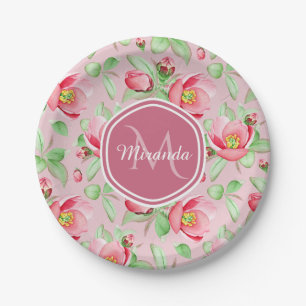 Sweet Pink Apple Blossom Floral mit Monogramm Pappteller