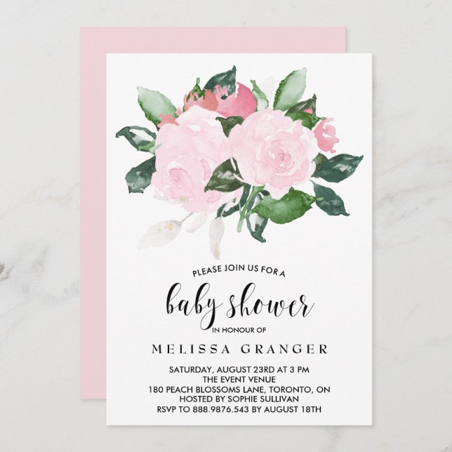 Sweet Pink Aquarell Rose Kinderdusche Einladung (Vorne/Hinten)
