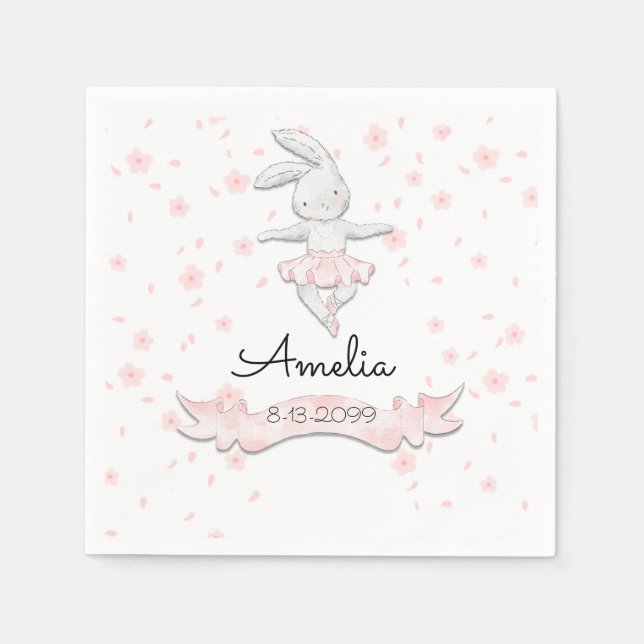 Sweet Pink Ballerina Bunny First Birthday Floral Serviette (Vorderseite)