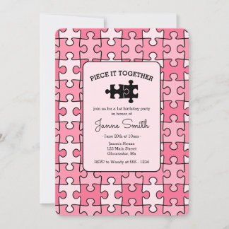 Sweet Pink Black Piece it Together Puzzle Birthday Einladung