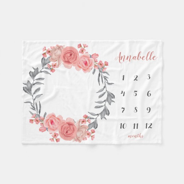 Sweet Pink Blush Blumenstrauß Baby Girl Milestone Fleecedecke (Vorderseite (Horizontal))