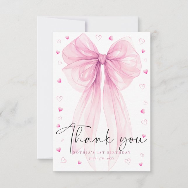 Sweet Pink Bow First Birthday Thank You Card Dankeskarte (Vorderseite)