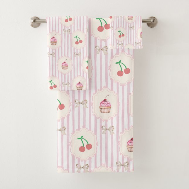 Sweet Pink Cherries Cupcakes Striptes Retro-Kunstw Badhandtuch Set (Insitu)