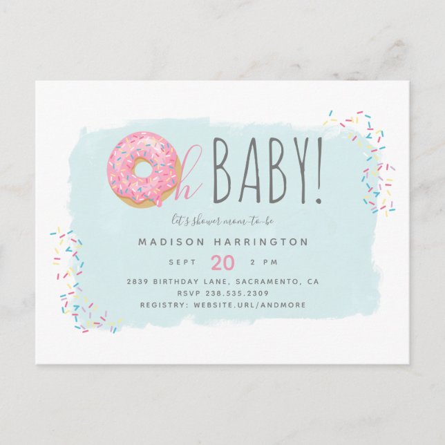 Sweet Pink Donut Sprinkle Modern Oh Babydusche Einladungspostkarte (Vorderseite)