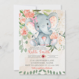 Sweet Pink Elephant Floral Baby Shower Einladungen