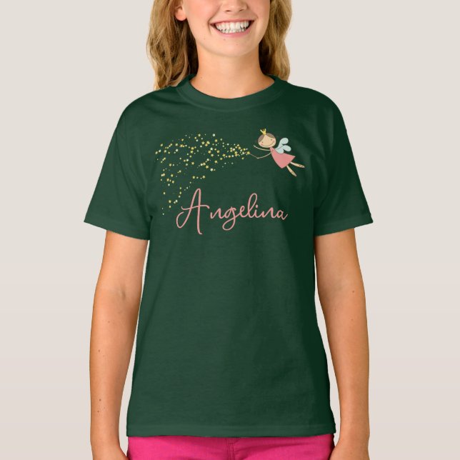 Sweet Pink Fairy Princess & Stars Whimsical Girl's T-Shirt (Vorderseite)