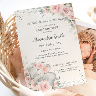 Sweet Pink Floral Adorable Elephant Baby Dusche Einladung