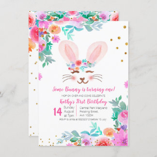 Sweet Pink Floral Bunny 1. Geburtstag Einladung