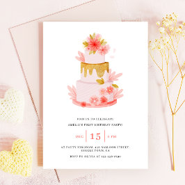 Sweet Pink Floral Cake Baby Girl Birthday Einladung