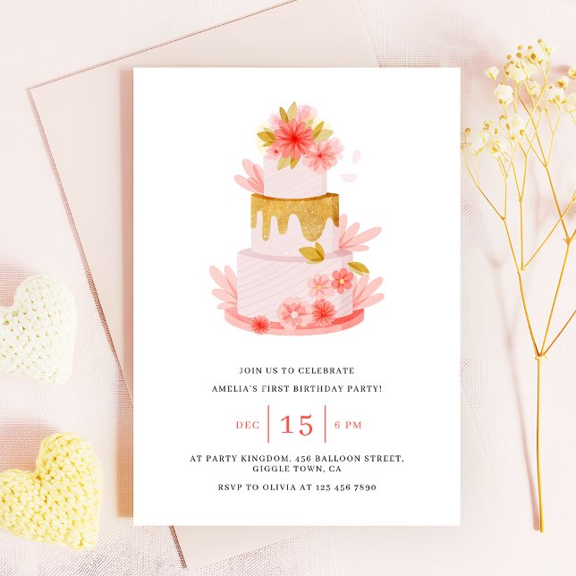 Sweet Pink Floral Cake Baby Girl Birthday Einladung (Von Creator hochgeladen)