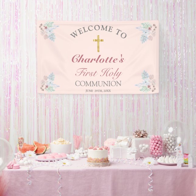 Sweet Pink Floral First Heilige Kommune Willkommen Banner (Party)